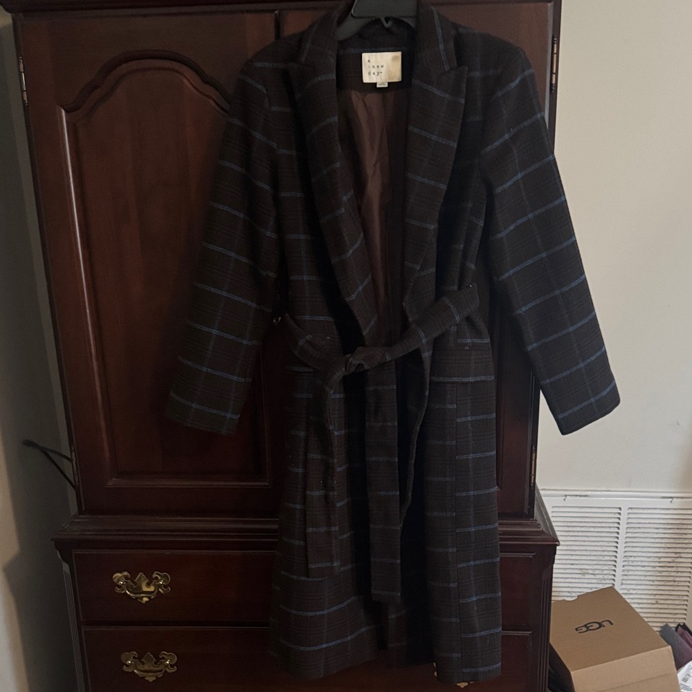 a new day Brown and Blue Plaid Pea Coat